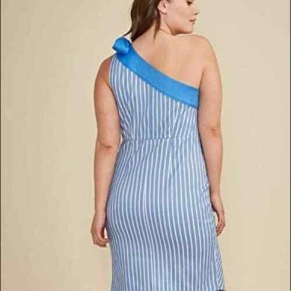 Glamour X Lane Bryant Blue White Striped Tulip Hem One Shoulder Dress 16 - Picture 2 of 9